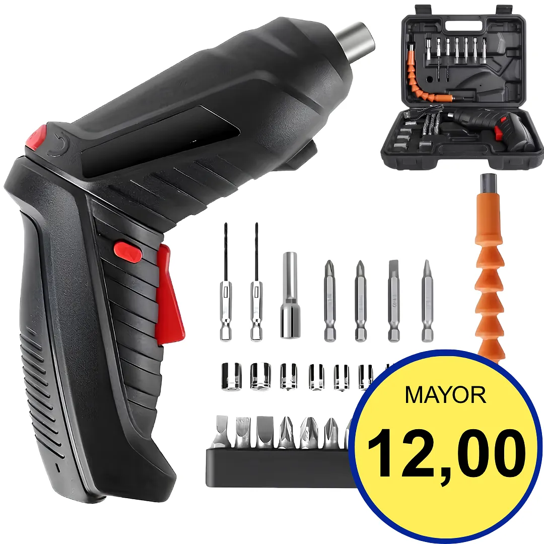 DESTORNILLADOR ELÉCTRICO INALÁMBRICO RECARGABLE MULTIANGULAR 47 PIEZAS CON LUZ LED Y KIT DE PUNTAS PARA ENSAMBLAJE DE MUEBLES Y REPARACIONES DEL HOGAR