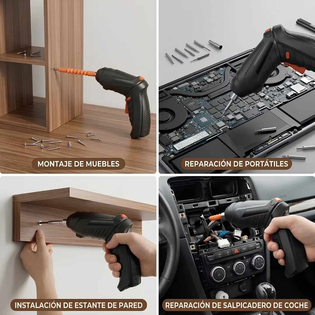 DESTORNILLADOR ELÉCTRICO INALÁMBRICO RECARGABLE MULTIANGULAR 47 PIEZAS CON LUZ LED Y KIT DE PUNTAS PARA ENSAMBLAJE DE MUEBLES Y REPARACIONES DEL HOGAR
