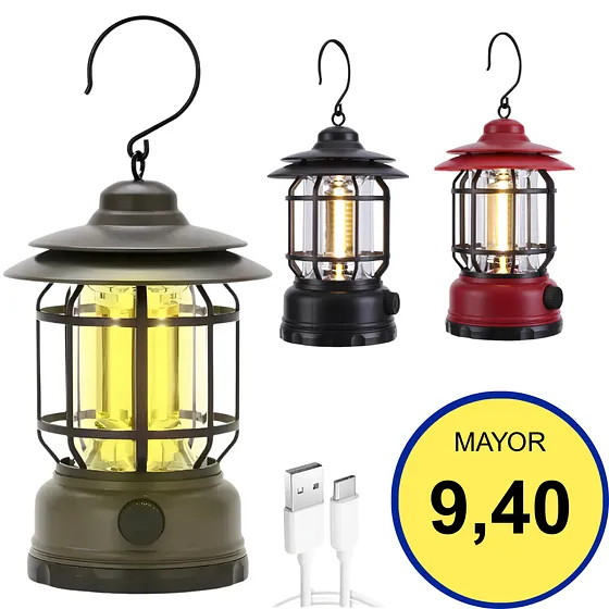 LÁMPARA RECARGABLE LED TIPO FAROL DE CAMPING VINTAGE CON PUERTO TIPO-C INTERRUPTOR GIRATORIO GRADUABLE Y GANCHO PARA EMERGENCIAS Y EXTERIORES