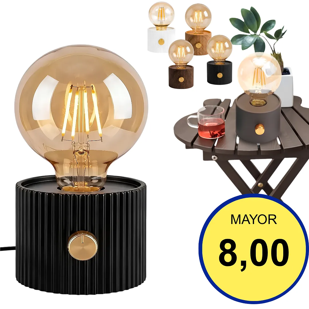 LÁMPARA DE MESA RECARGABLE LED VINTAGE CON BOMBILLO EDISON DE FILAMENTO LUZ CÁLIDA GRADUABLE Y BASE CILÍNDRICA ESTRIADA PARA DORMITORIO O MESA DE NOCHE