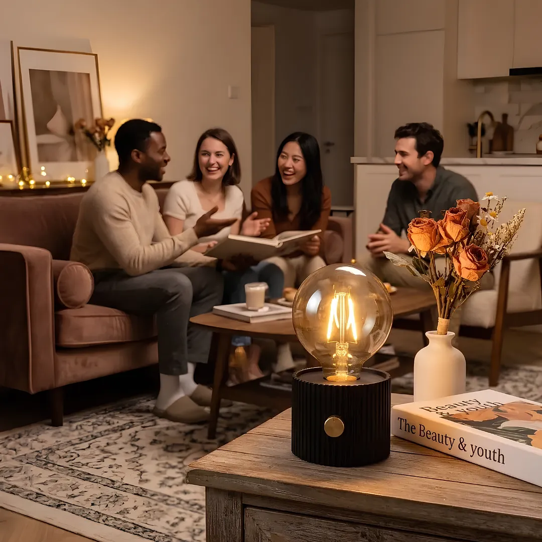 LÁMPARA DE MESA RECARGABLE LED VINTAGE CON BOMBILLO EDISON DE FILAMENTO LUZ CÁLIDA GRADUABLE Y BASE CILÍNDRICA ESTRIADA PARA DORMITORIO O MESA DE NOCHE