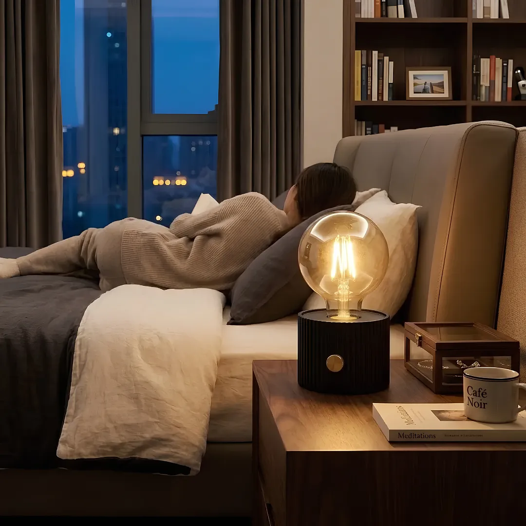 LÁMPARA DE MESA RECARGABLE LED VINTAGE CON BOMBILLO EDISON DE FILAMENTO LUZ CÁLIDA GRADUABLE Y BASE CILÍNDRICA ESTRIADA PARA DORMITORIO O MESA DE NOCHE