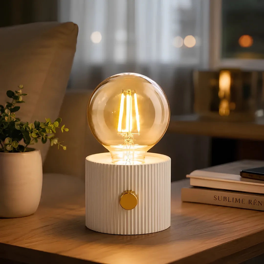 LÁMPARA DE MESA RECARGABLE LED VINTAGE CON BOMBILLO EDISON DE FILAMENTO LUZ CÁLIDA GRADUABLE Y BASE CILÍNDRICA ESTRIADA PARA DORMITORIO O MESA DE NOCHE