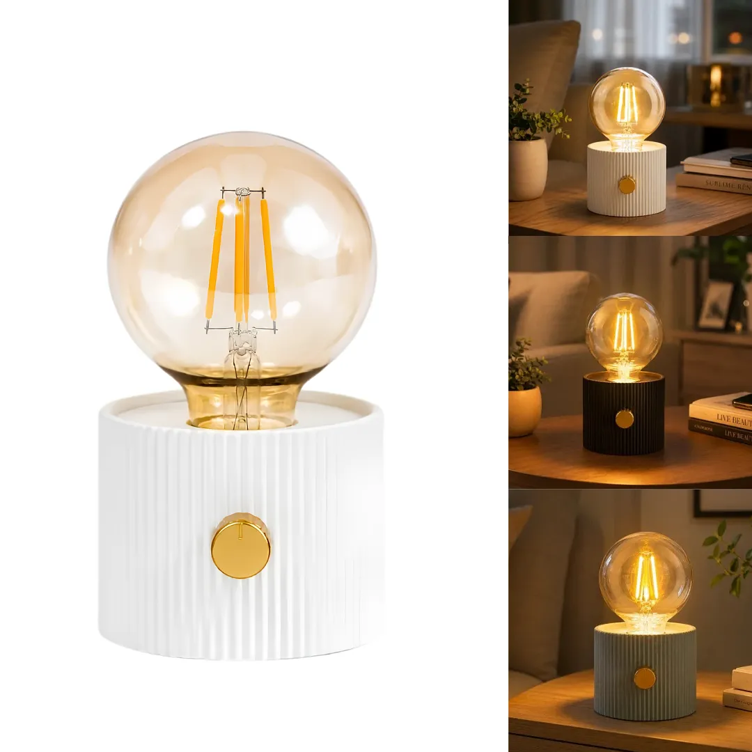LÁMPARA DE MESA RECARGABLE LED VINTAGE CON BOMBILLO EDISON DE FILAMENTO LUZ CÁLIDA GRADUABLE Y BASE CILÍNDRICA ESTRIADA PARA DORMITORIO O MESA DE NOCHE