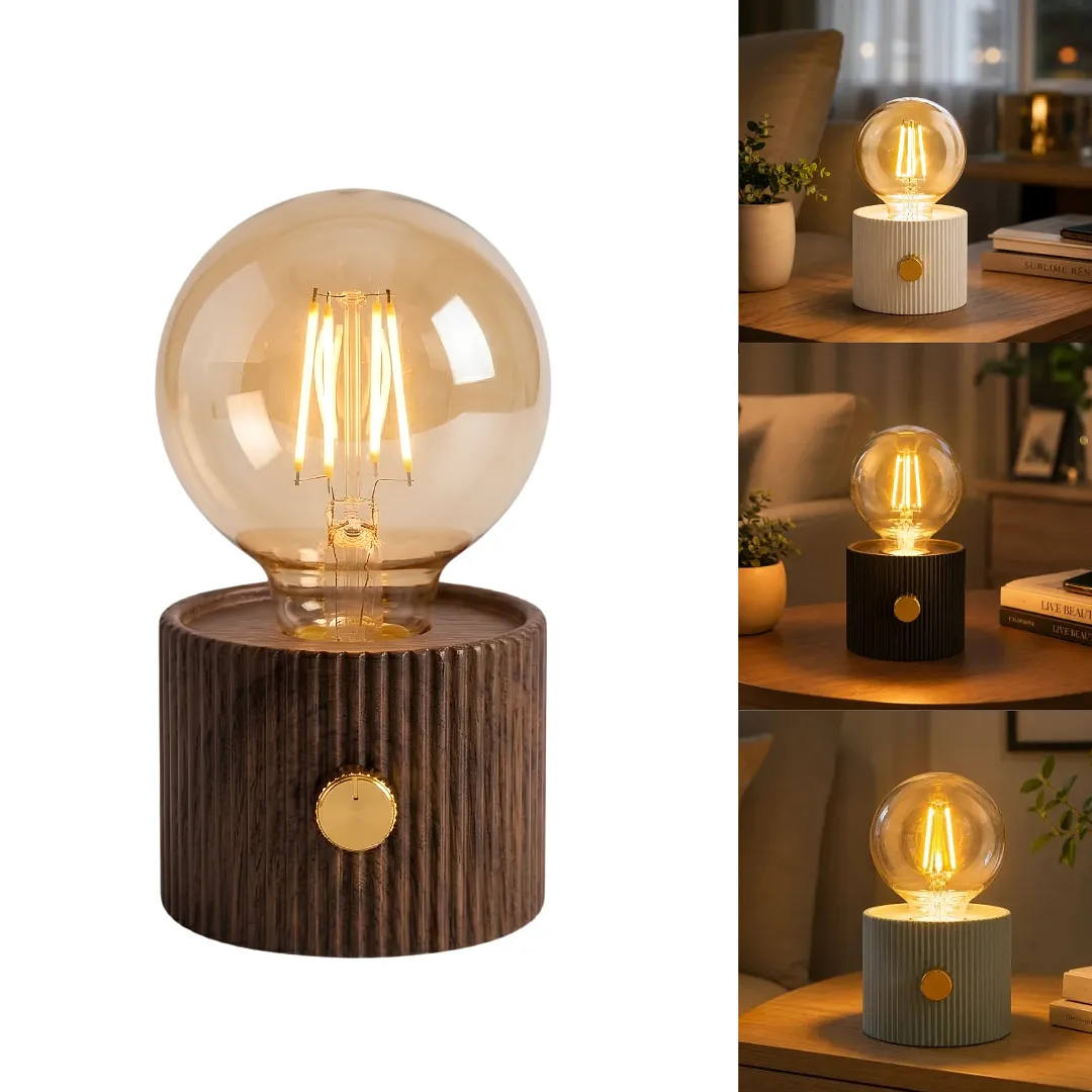 LÁMPARA DE MESA RECARGABLE LED VINTAGE CON BOMBILLO EDISON DE FILAMENTO LUZ CÁLIDA GRADUABLE Y BASE CILÍNDRICA ESTRIADA PARA DORMITORIO O MESA DE NOCHE