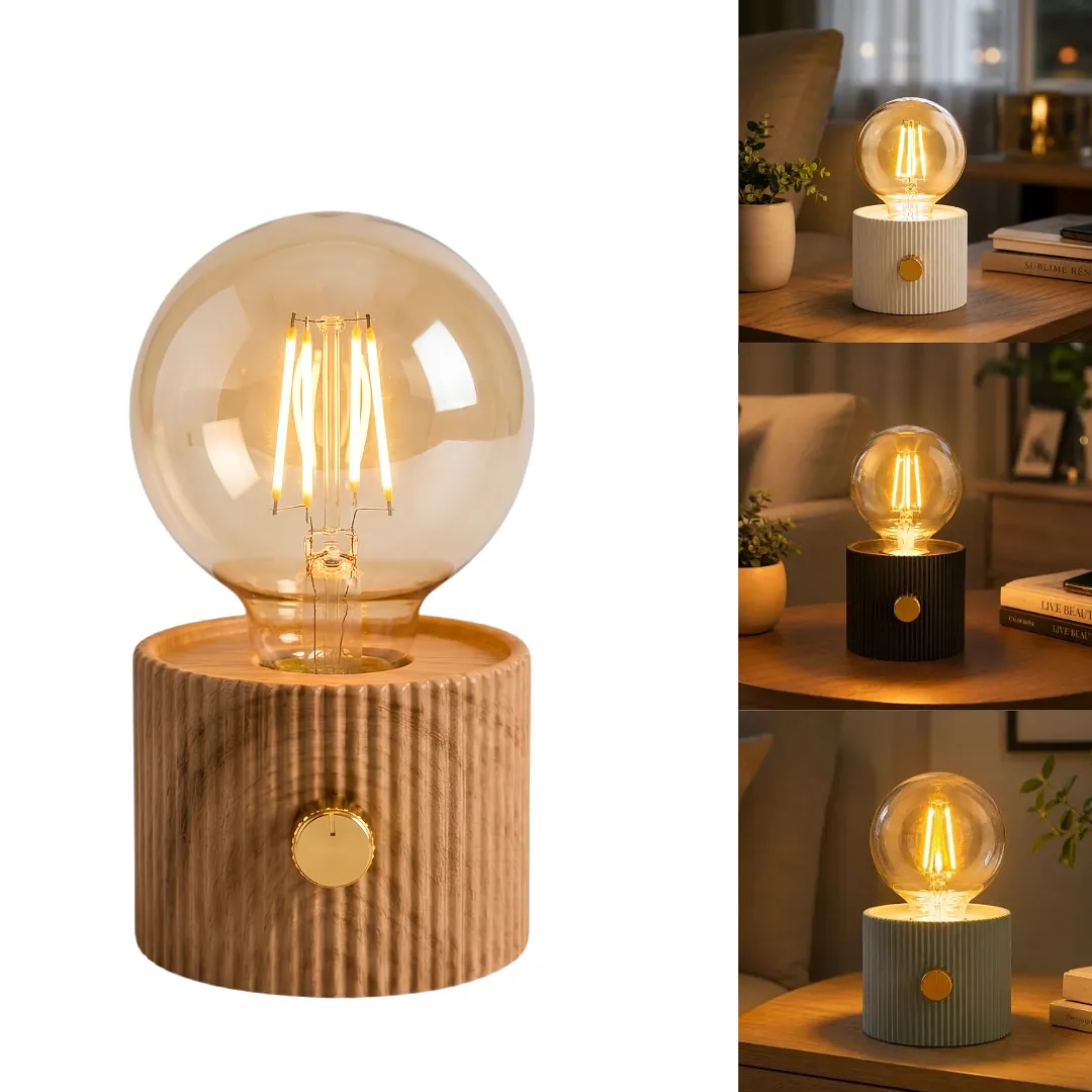 LÁMPARA DE MESA RECARGABLE LED VINTAGE CON BOMBILLO EDISON DE FILAMENTO LUZ CÁLIDA GRADUABLE Y BASE CILÍNDRICA ESTRIADA PARA DORMITORIO O MESA DE NOCHE