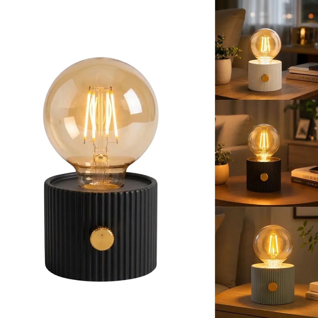 LÁMPARA DE MESA RECARGABLE LED VINTAGE CON BOMBILLO EDISON DE FILAMENTO LUZ CÁLIDA GRADUABLE Y BASE CILÍNDRICA ESTRIADA PARA DORMITORIO O MESA DE NOCHE
