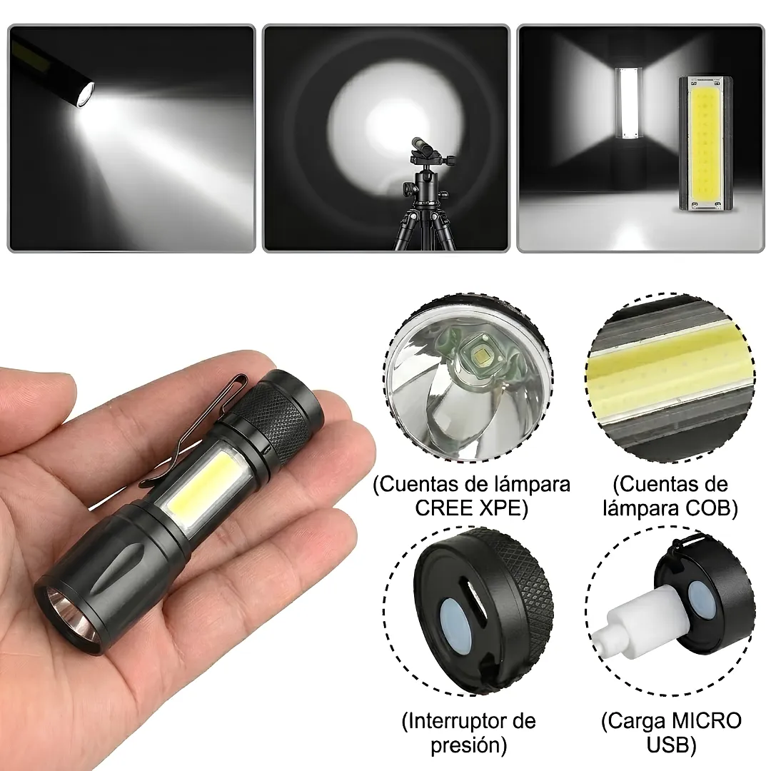 MINI LINTERNA LED RECARGABLE USB LUZ COB TÁCTICA POTENTE DE BOLSILLO CON CLIP METÁLICO Y ESTUCHE RÍGIDO LUZ DE EMERGENCIA PARA EL HOGAR Y EXTERIORES