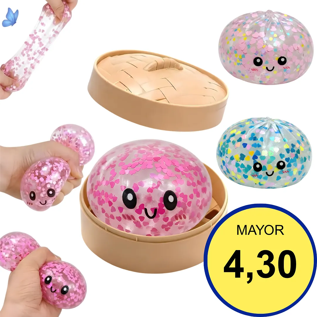 SQUISHY ANTiESTRES CON CORAZONES BRILLANTES Y DISEÑO TIPO MOCHI, JUGUETE SENSORIAL RELAJANTE PARA ANSIEDAD, CON ESTUCHE DE VAPORERA