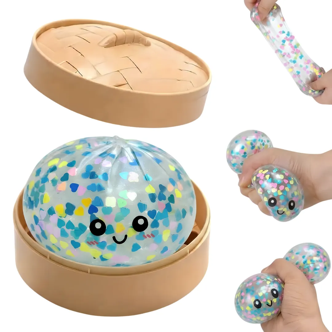 SQUISHY ANTiESTRES CON CORAZONES BRILLANTES Y DISEÑO TIPO MOCHI, JUGUETE SENSORIAL RELAJANTE PARA ANSIEDAD, CON ESTUCHE DE VAPORERA