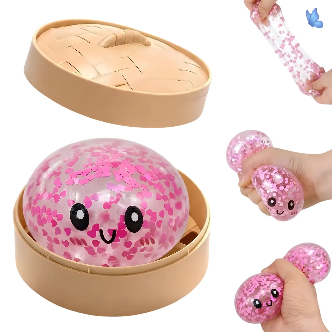SQUISHY ANTiESTRES CON CORAZONES BRILLANTES Y DISEÑO TIPO MOCHI, JUGUETE SENSORIAL RELAJANTE PARA ANSIEDAD, CON ESTUCHE DE VAPORERA
