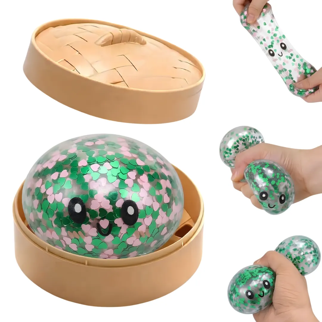 SQUISHY ANTiESTRES CON CORAZONES BRILLANTES Y DISEÑO TIPO MOCHI, JUGUETE SENSORIAL RELAJANTE PARA ANSIEDAD, CON ESTUCHE DE VAPORERA