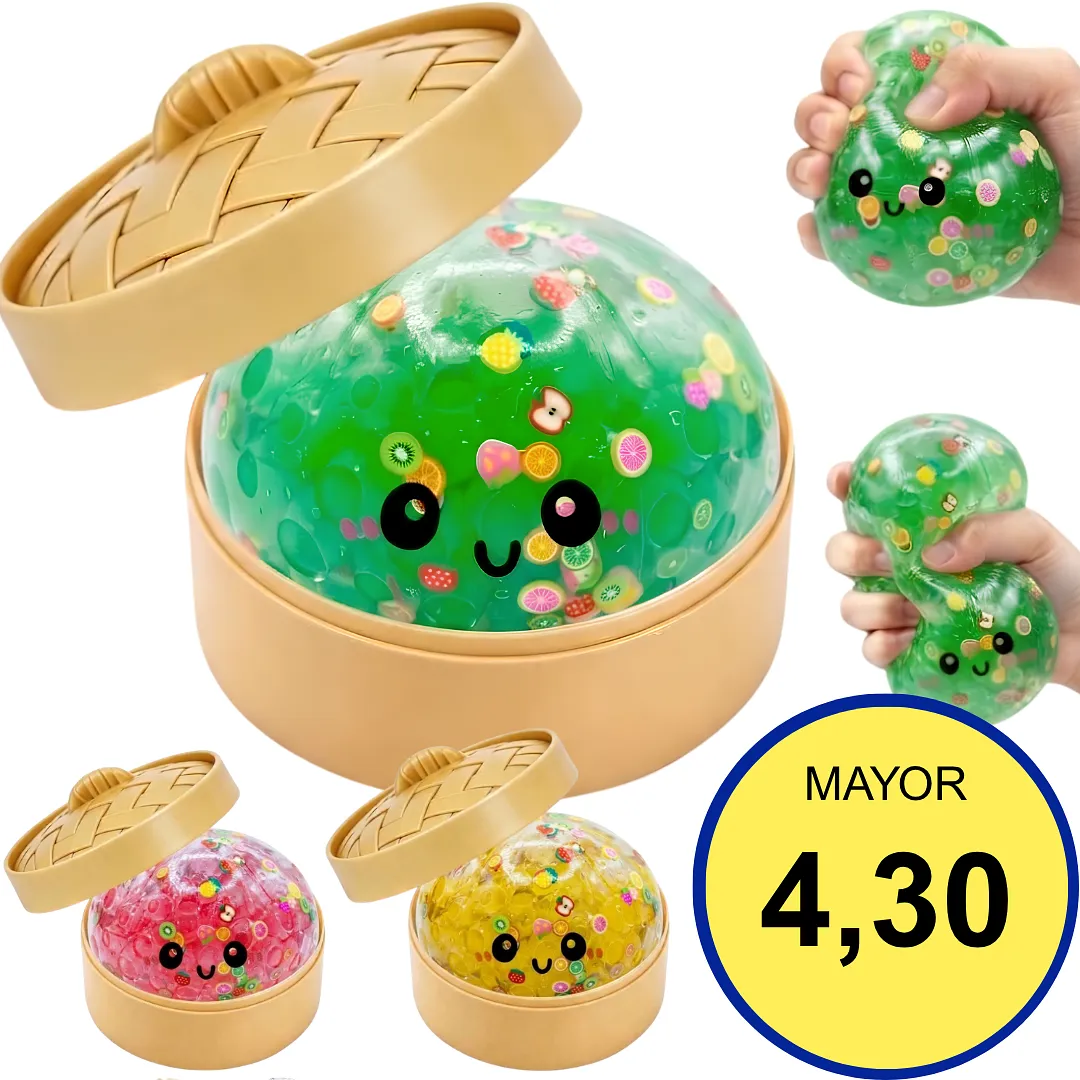 SQUISHY ANTIESTRÉS KAWAII CON DISEÑO DE FRUTAS Y BOLSITAS TIPO MOCHI, JUGUETE SENSORIAL RELAJANTE CON ESTUCHE VAPORERA