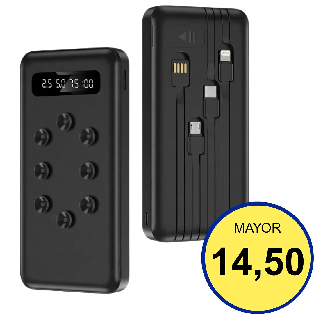 POWERBANK 20000MAH PORTÁTIL CON CABLES INTEGRADOS, LINTERNA LED , CARGADOR EXTERNO RÁPIDO MULTIPUERTO