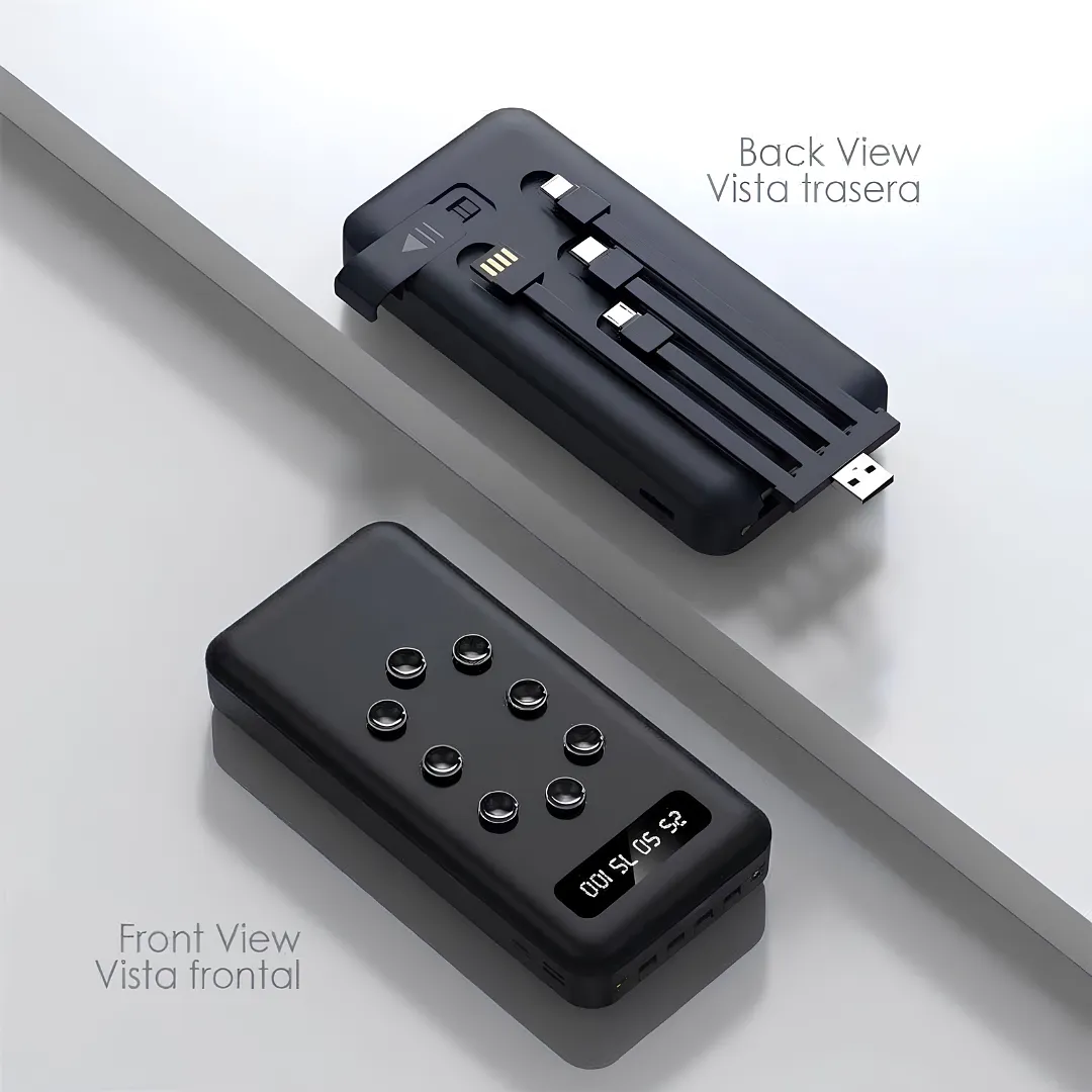 POWERBANK 20000MAH PORTÁTIL CON CABLES INTEGRADOS, LINTERNA LED , CARGADOR EXTERNO RÁPIDO MULTIPUERTO