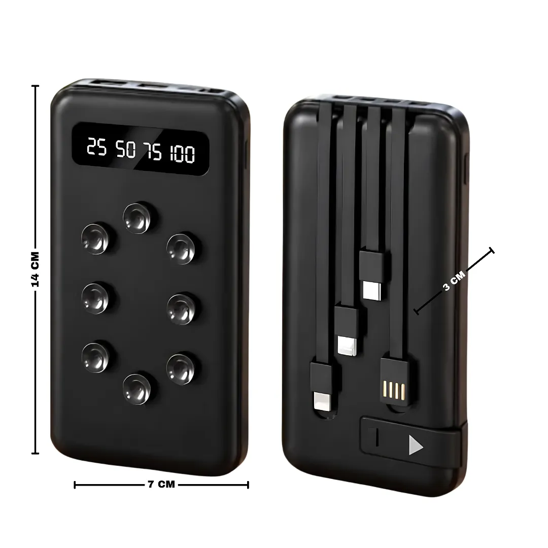 POWERBANK 20000MAH PORTÁTIL CON CABLES INTEGRADOS, LINTERNA LED , CARGADOR EXTERNO RÁPIDO MULTIPUERTO