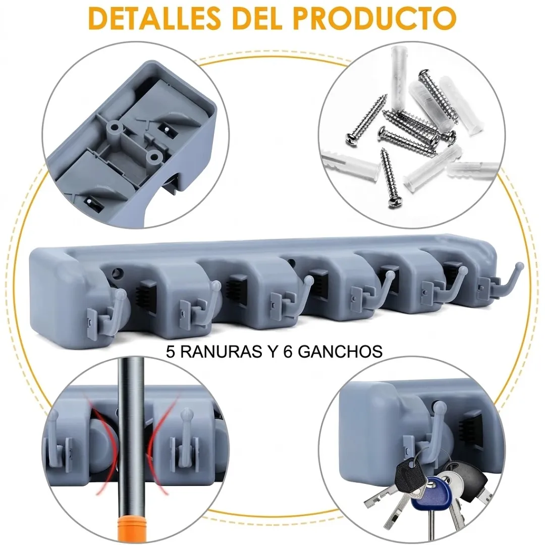 ORGANIZADOR DE ESCOBAS Y MOPAS DE PARED CON 5 RANURAS Y 6 GANCHOS, SOPORTE MULTIFUNCIONAL ANTIDESLIZANTE PARA LIMPIEZA Y ORGANIZACIÓN DEL HOGAR