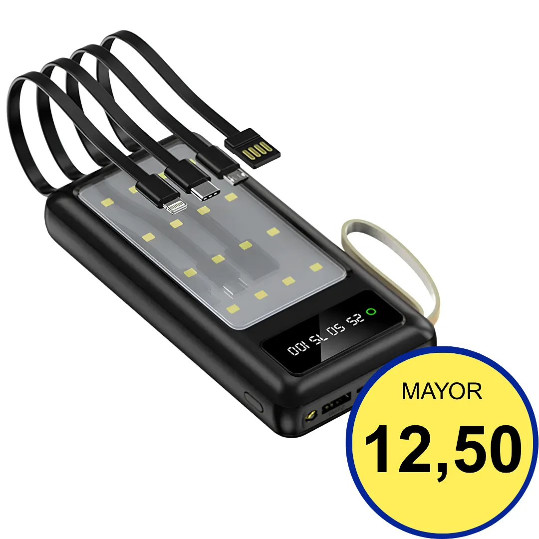 POWER BANK 10000MAH PORTÁTIL CON CABLES INTEGRADOS, PANEL DE LUZ LED Y PANTALLA DIGITAL, CARGADOR EXTERNO RÁPIDO MULTIPUERTO
