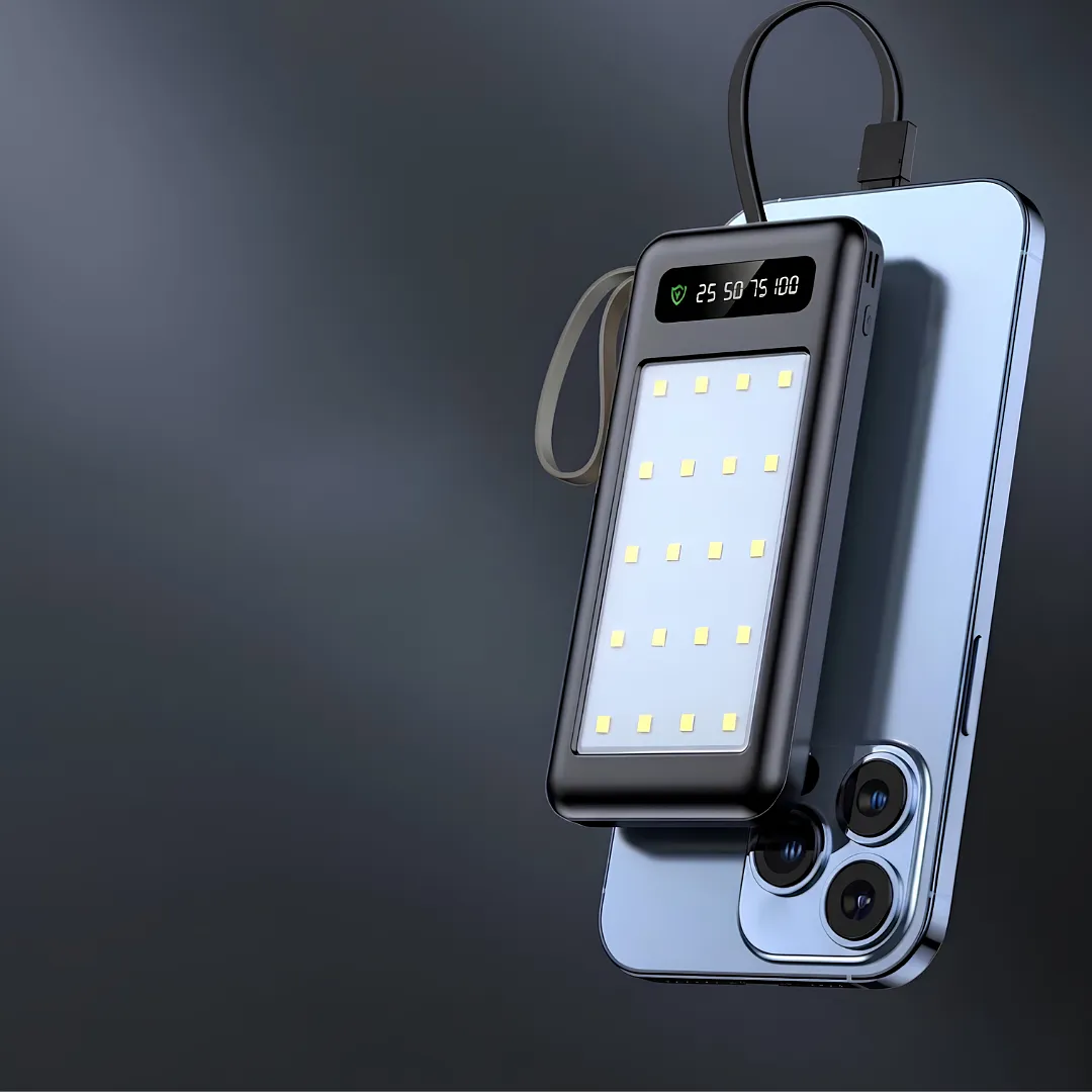 POWER BANK 10000MAH PORTÁTIL CON CABLES INTEGRADOS, PANEL DE LUZ LED Y PANTALLA DIGITAL, CARGADOR EXTERNO RÁPIDO MULTIPUERTO