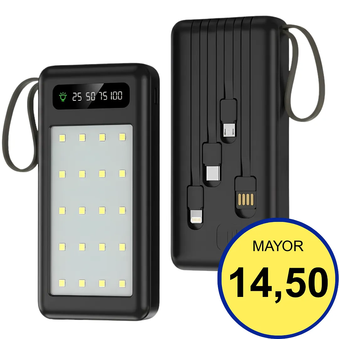 POWER BANK 20000MAH PORTÁTIL CON CABLES INTEGRADOS, LINTERNA LED Y PANTALLA DIGITAL, CARGADOR EXTERNO RÁPIDO MULTIPUERTO