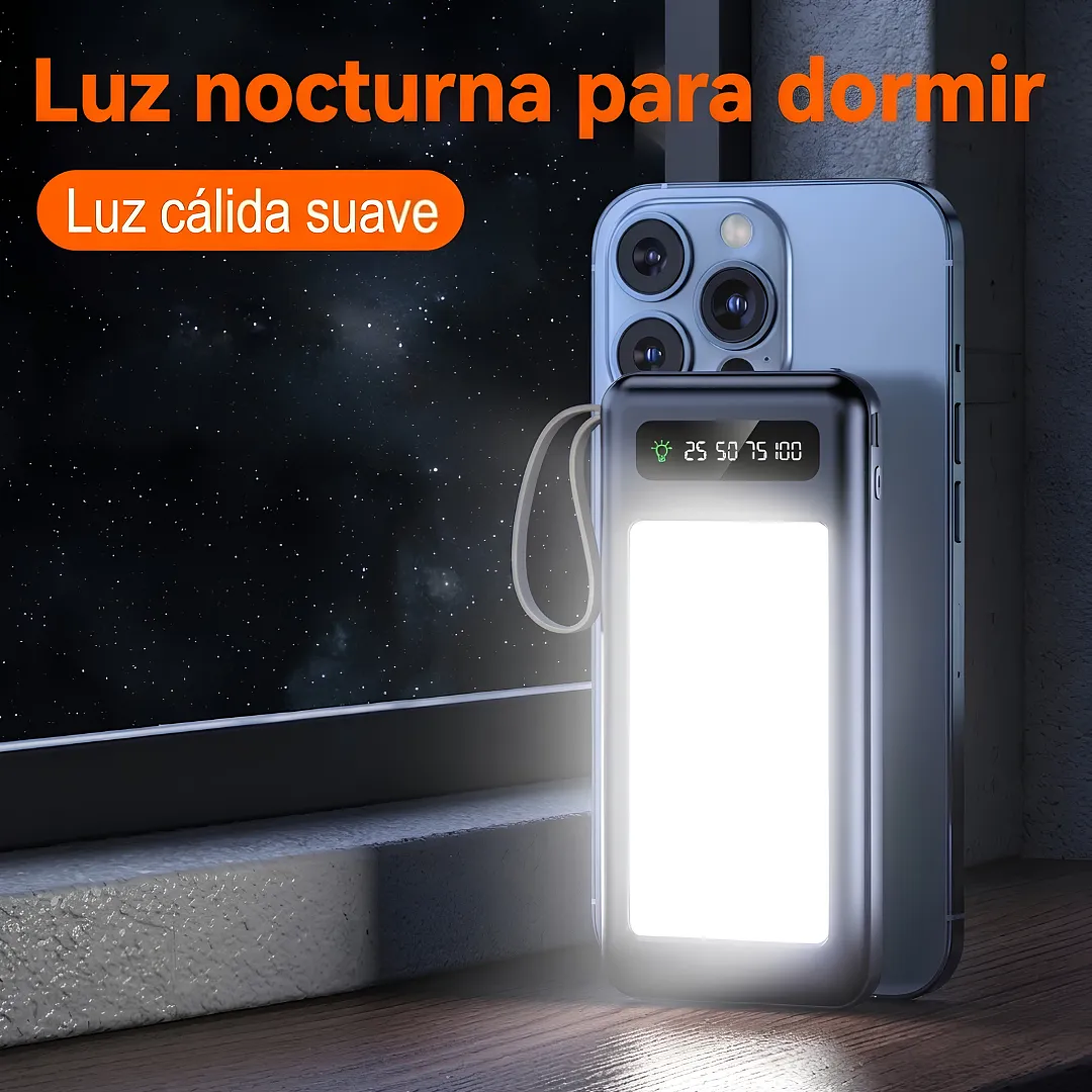 POWER BANK 20000MAH PORTÁTIL CON CABLES INTEGRADOS, LINTERNA LED Y PANTALLA DIGITAL, CARGADOR EXTERNO RÁPIDO MULTIPUERTO