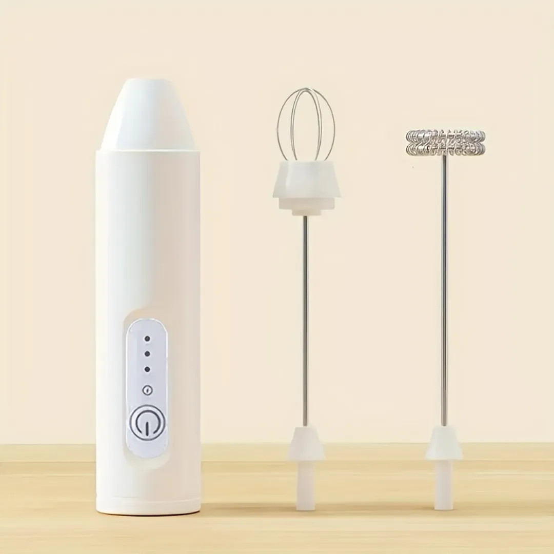 MINI BATIDOR ESPUMADOR DE LECHE RECARGABLE USB CON 2 CABEZALES INTERCAMBIABLES DE ACERO INOXIDABLE – MEZCLADOR PORTÁTIL DE 3 VELOCIDADES PARA CAFÉ, REPOSTERÍA Y HUEVOS
