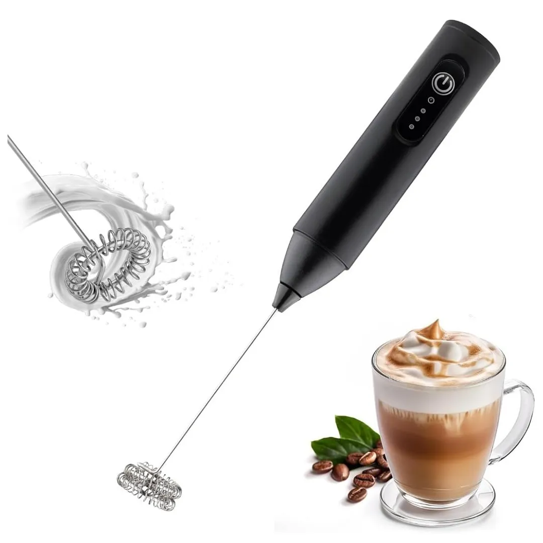 MINI BATIDOR ESPUMADOR DE LECHE RECARGABLE USB CON 2 CABEZALES INTERCAMBIABLES DE ACERO INOXIDABLE – MEZCLADOR PORTÁTIL DE 3 VELOCIDADES PARA CAFÉ, REPOSTERÍA Y HUEVOS