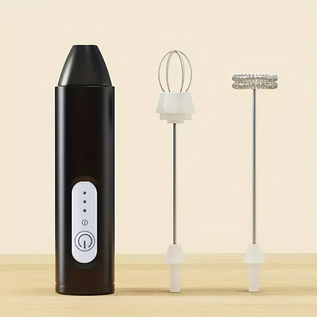 MINI BATIDOR ESPUMADOR DE LECHE RECARGABLE USB CON 2 CABEZALES INTERCAMBIABLES DE ACERO INOXIDABLE – MEZCLADOR PORTÁTIL DE 3 VELOCIDADES PARA CAFÉ, REPOSTERÍA Y HUEVOS