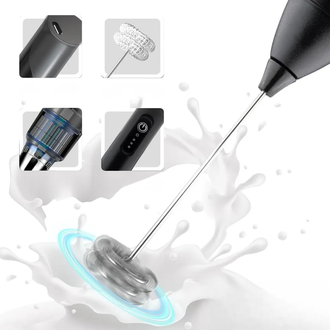MINI BATIDOR ESPUMADOR DE LECHE RECARGABLE USB CON 2 CABEZALES INTERCAMBIABLES DE ACERO INOXIDABLE – MEZCLADOR PORTÁTIL DE 3 VELOCIDADES PARA CAFÉ, REPOSTERÍA Y HUEVOS