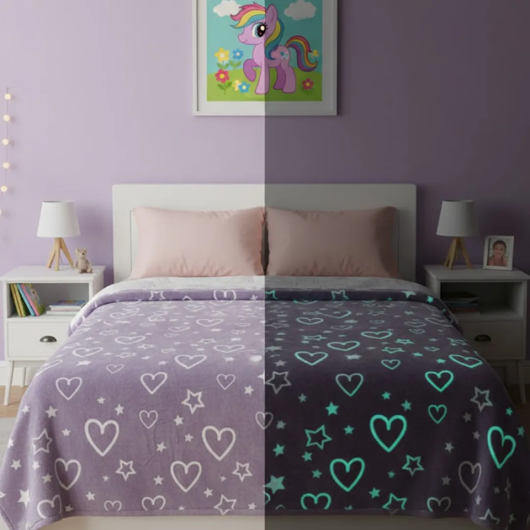 COBIJA DE LUCIÉRNAGA DE CORAZONES MORADA QUE BRILLA EN LA OSCURIDAD - MANTA FLUORESCENTE ULTRA SUAVE - TAMAÑO GRANDE 150X200CM - REGALO MÁGICO PARA NIÑAS Y ADULTOS