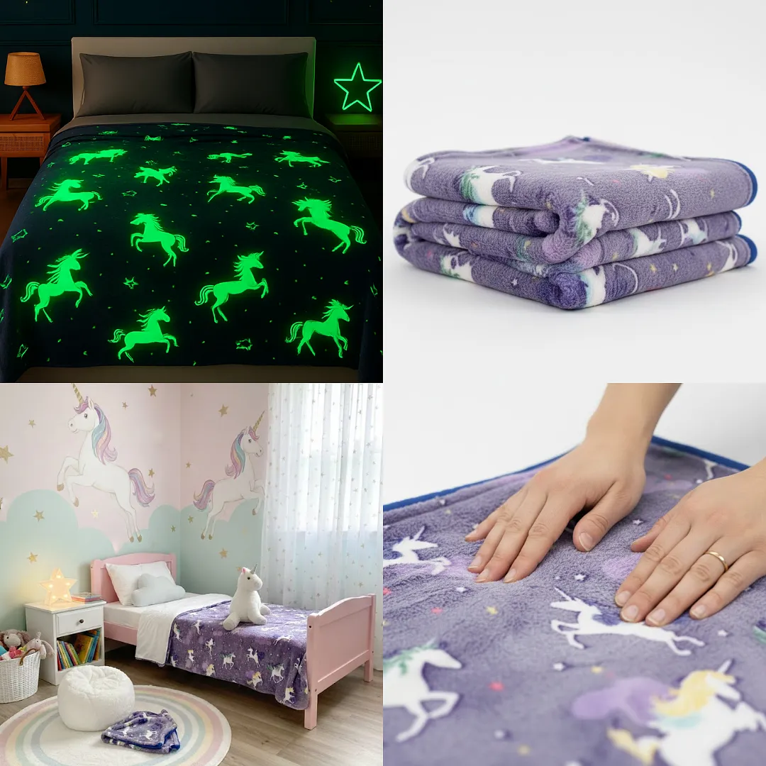 COBIJA DE LUCIÉRNAGA DE UNICORNIO MORADA QUE BRILLA EN LA OSCURIDAD - MANTA FLUORESCENTE DE FELPA ULTRA SUAVE - TAMAÑO GRANDE 150X200CM