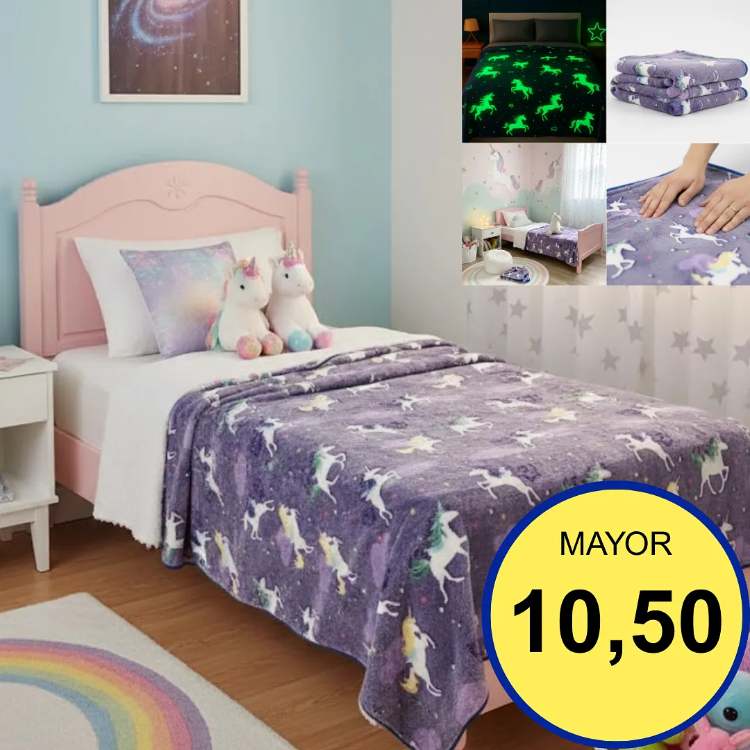 COBIJA DE LUCIÉRNAGA DE UNICORNIO MORADA QUE BRILLA EN LA OSCURIDAD - MANTA FLUORESCENTE DE FELPA ULTRA SUAVE - TAMAÑO GRANDE 150X200CM