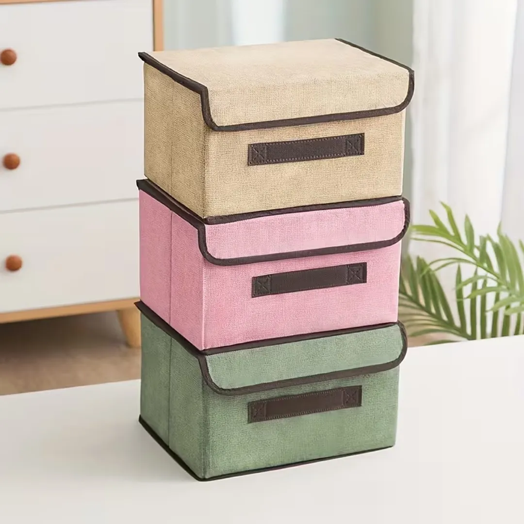 PACK DE 2 CAJAS ORGANIZADORAS DE TELA CON TAPA Y MANIJA – SET DE CUBOS DE ALMACENAMIENTO PLEGABLES PARA ROPA, JUGUETES Y HOGAR