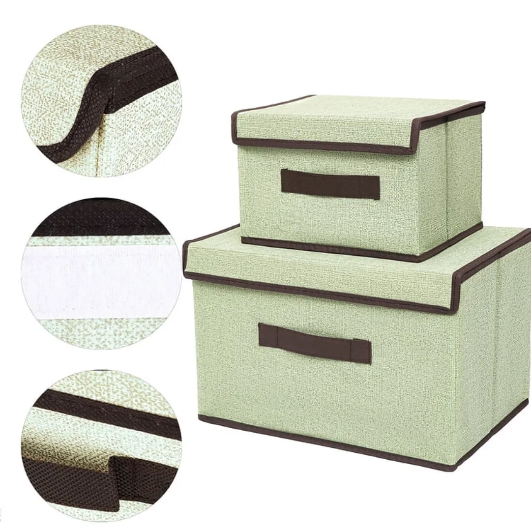 PACK DE 2 CAJAS ORGANIZADORAS DE TELA CON TAPA Y MANIJA – SET DE CUBOS DE ALMACENAMIENTO PLEGABLES PARA ROPA, JUGUETES Y HOGAR