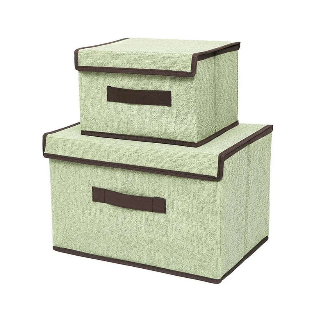 PACK DE 2 CAJAS ORGANIZADORAS DE TELA CON TAPA Y MANIJA – SET DE CUBOS DE ALMACENAMIENTO PLEGABLES PARA ROPA, JUGUETES Y HOGAR