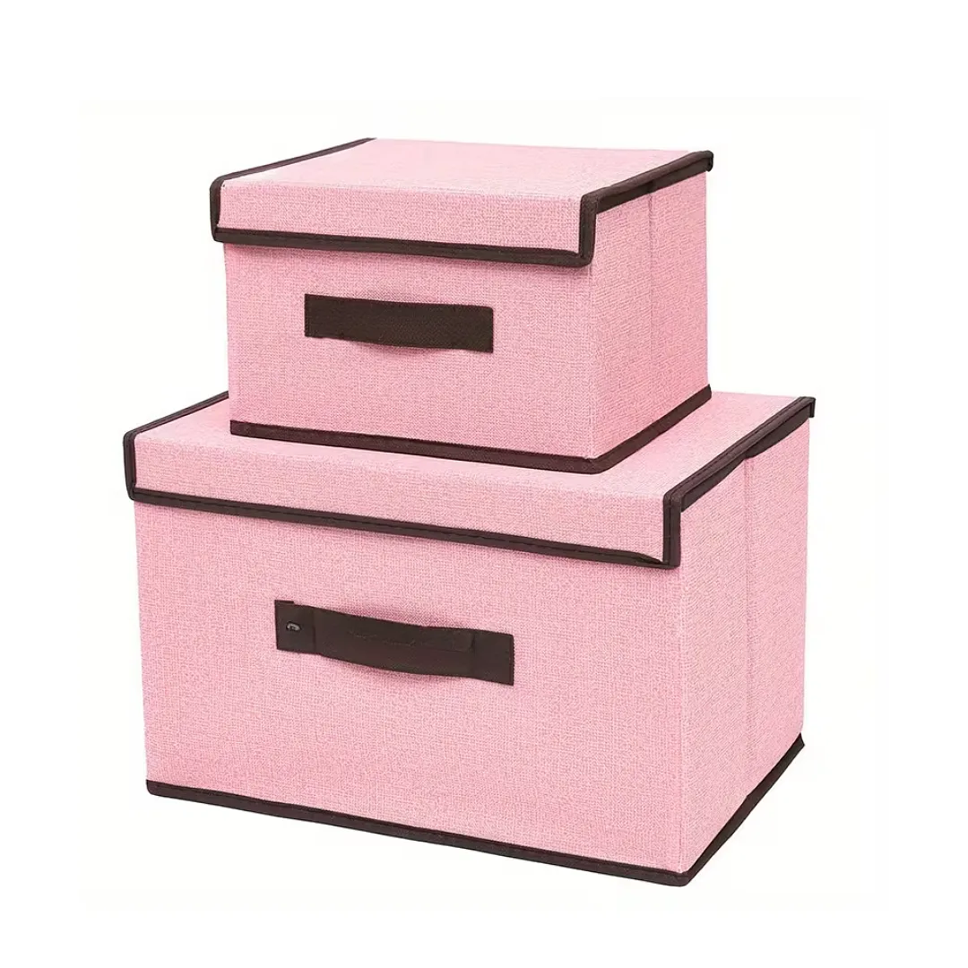 PACK DE 2 CAJAS ORGANIZADORAS DE TELA CON TAPA Y MANIJA – SET DE CUBOS DE ALMACENAMIENTO PLEGABLES PARA ROPA, JUGUETES Y HOGAR