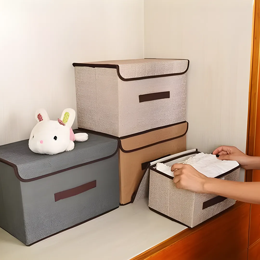 PACK DE 2 CAJAS ORGANIZADORAS DE TELA CON TAPA Y MANIJA – SET DE CUBOS DE ALMACENAMIENTO PLEGABLES PARA ROPA, JUGUETES Y HOGAR