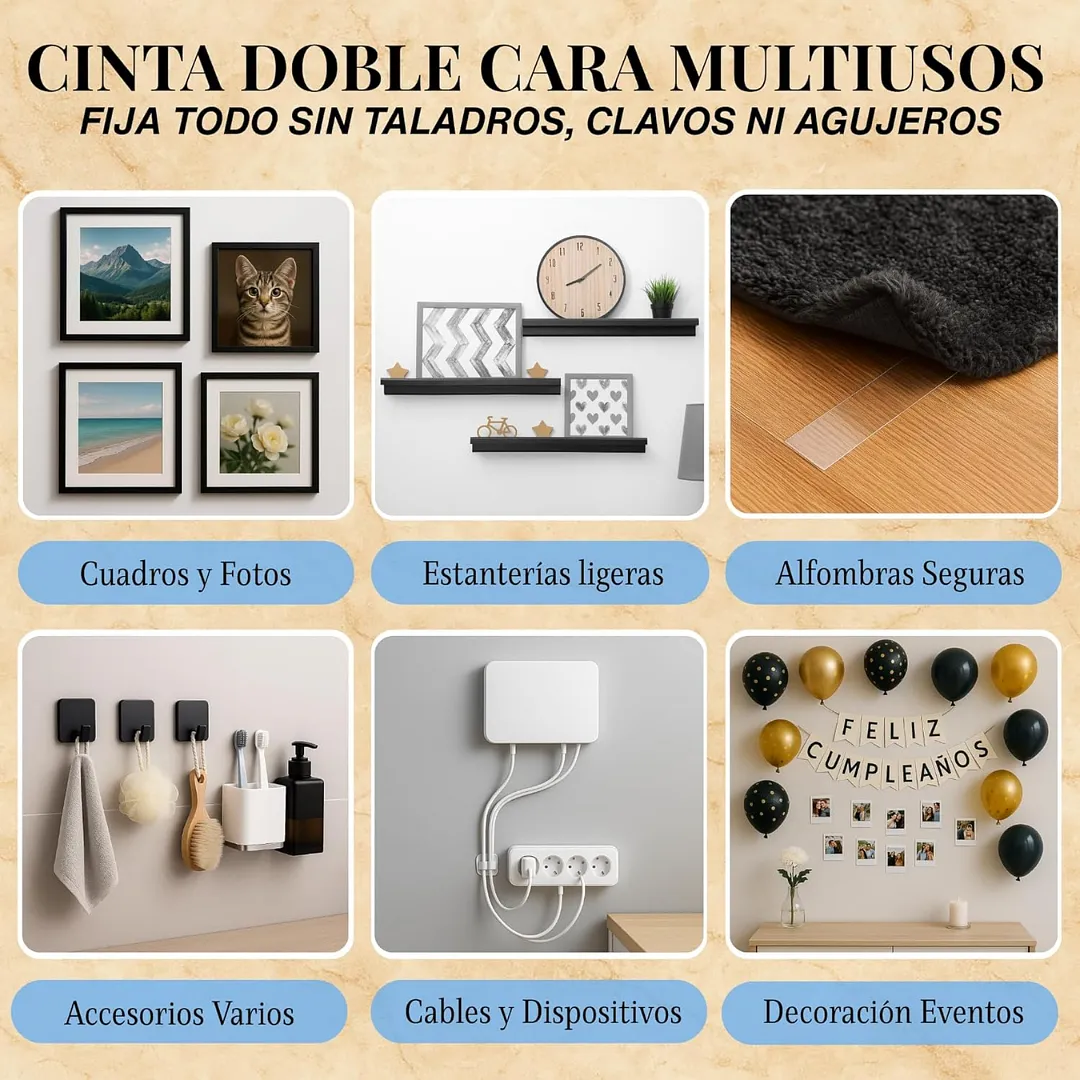 CINTA DOBLE FAZ NANO TAPE EXTRA FUERTE - DISPONIBLE EN 3M Y 5M X 2.30CM - ADHESIVO DE GEL LAVABLE, REUTILIZABLE Y MULTIFUNCIONAL