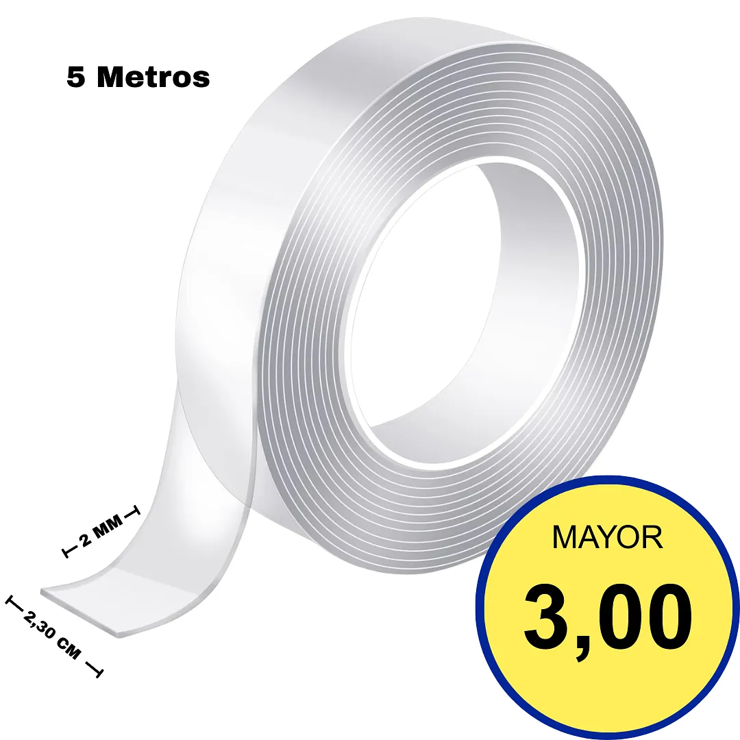 CINTA DOBLE FAZ NANO TAPE EXTRA FUERTE - DISPONIBLE EN 3M Y 5M X 2.30CM - ADHESIVO DE GEL LAVABLE, REUTILIZABLE Y MULTIFUNCIONAL