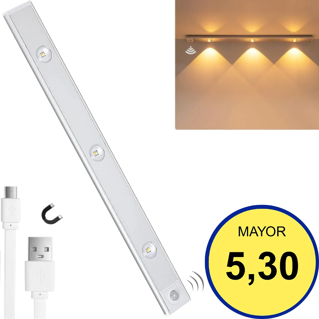 LÁMPARA LED TIPO BARRA CON SENSOR DE MOVIMIENTO RECARGABLE, CUERPO ULTRAFINO CON EFECTO DE LUZ DE COLINA, LUZ INALÁMBRICA PARA CLÓSET, COCINA Y PASILLOS.