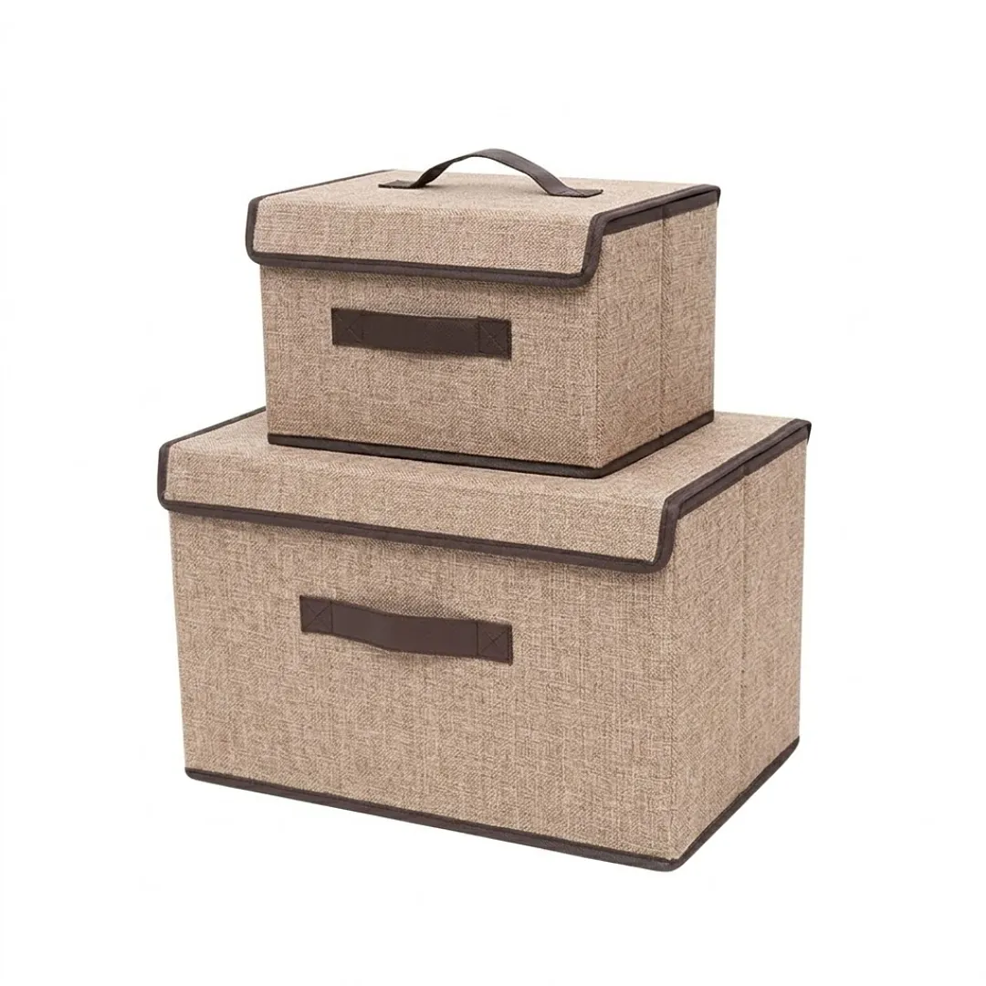 PACK DE 2 CAJAS ORGANIZADORAS DE TELA CON TAPA Y MANIJA – SET DE CUBOS DE ALMACENAMIENTO PLEGABLES PARA ROPA, JUGUETES Y HOGAR