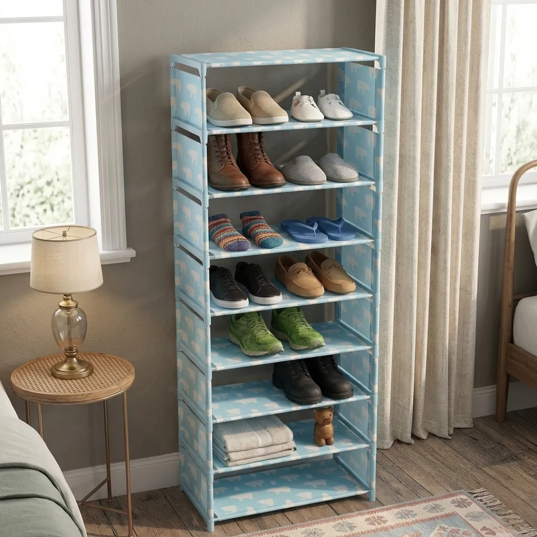 ORGANIZADOR DE ZAPATOS DE 8 NIVELES MULTIUSOS, ZAPATERA DE TORRE MODULAR MODELO OSO POLAR,AHORRADORA DE ESPACIO,ESTANTE METÁLICO PORTÁTIL CAPACIDAD HASTA 24 PARES PARARECAMÁRA Y CLÓSET