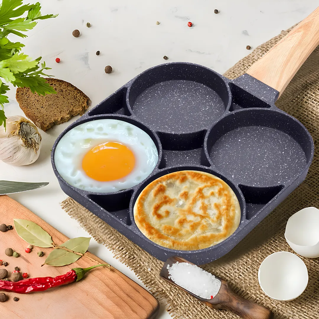 SARTÉN MINI PARA 4 HUEVOS ANTIADHERENTE CON MANGO ASPECTO MADERA SARTÉN MULTI-MOLDE PORTÁTIL PARA DESAYUNOS PANCAKES Y HAMBURGUESAS