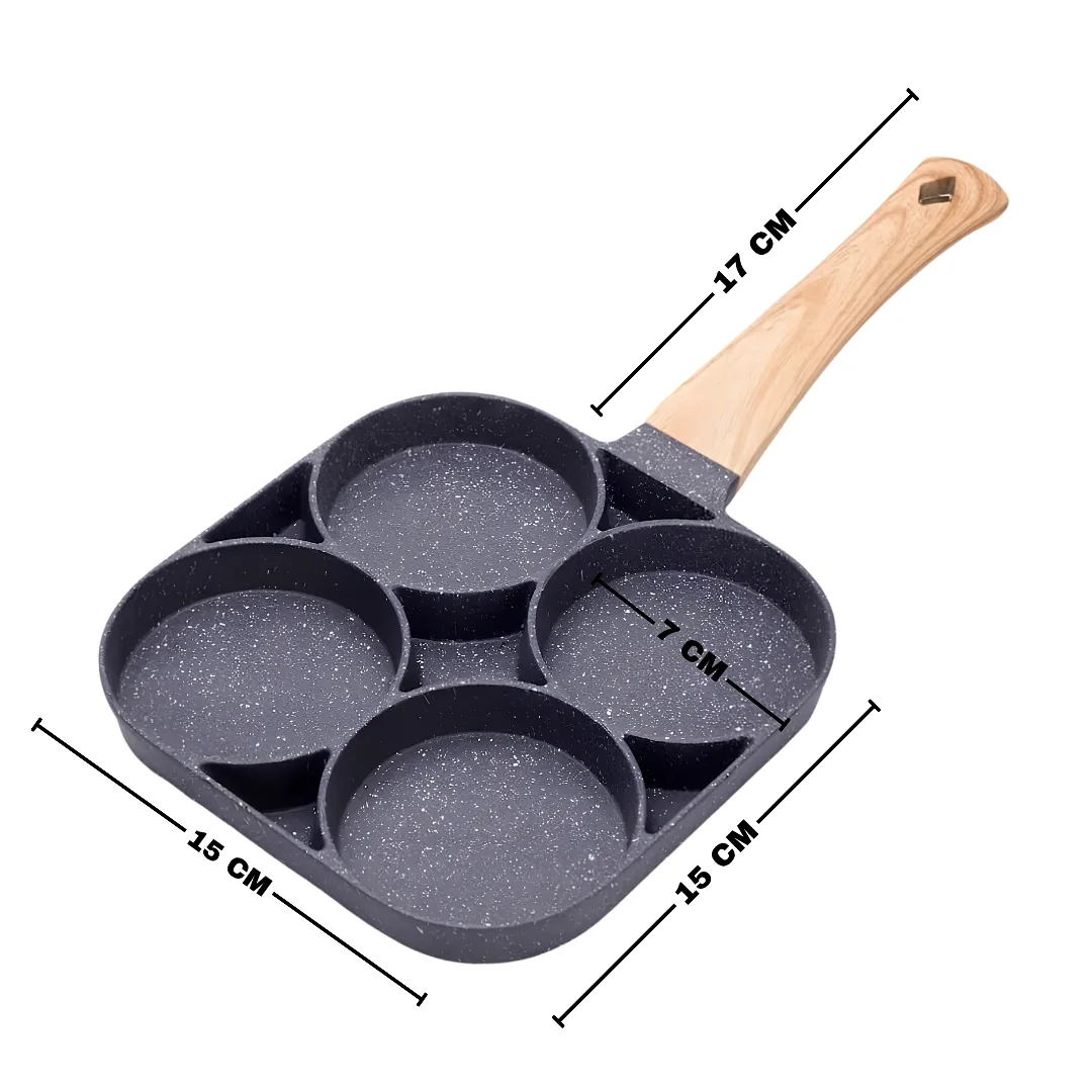 SARTÉN MINI PARA 4 HUEVOS ANTIADHERENTE CON MANGO ASPECTO MADERA SARTÉN MULTI-MOLDE PORTÁTIL PARA DESAYUNOS PANCAKES Y HAMBURGUESAS