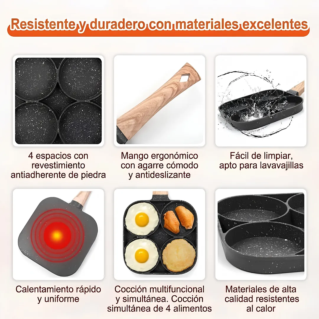 SARTÉN MINI PARA 4 HUEVOS ANTIADHERENTE CON MANGO ASPECTO MADERA SARTÉN MULTI-MOLDE PORTÁTIL PARA DESAYUNOS PANCAKES Y HAMBURGUESAS